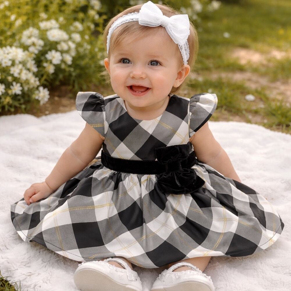 Baby Girl Plaid Party Dress 18M Black White Gold Bow Holiday Wedding Photos